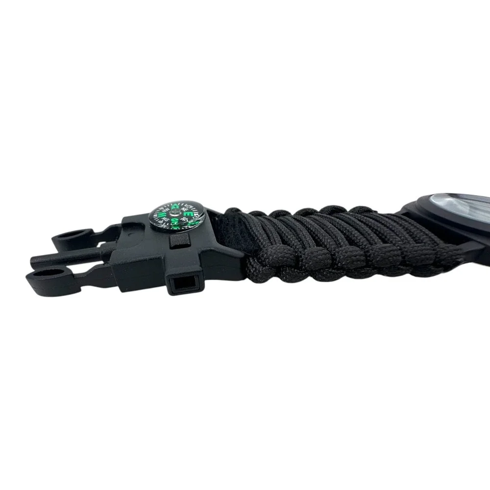 Survival Tactical Watch Mens Paracord Compass Whistle Serrated Tool Black